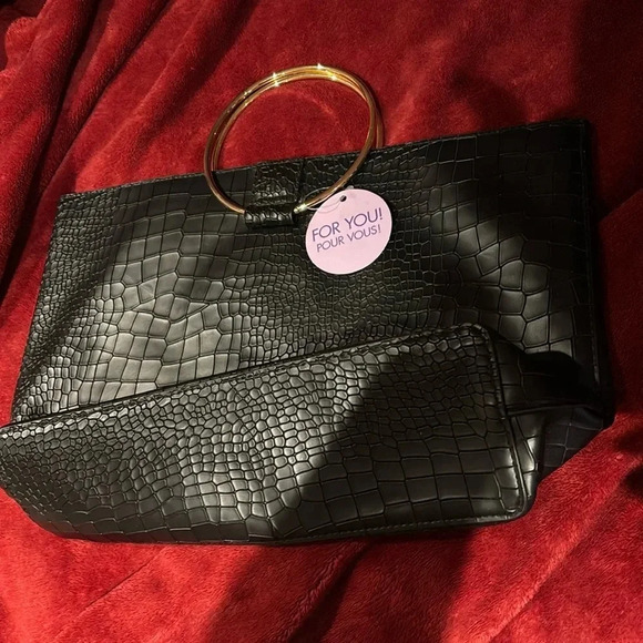 🖤⭐️Free!NEW!! Black Faux  Croc Double Top Handle Bag - Picture 3 of 11
